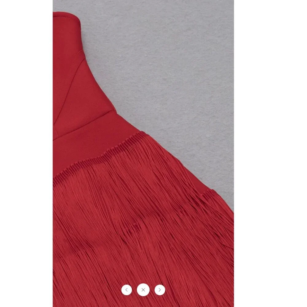 STYLE OF CB Red Midi Bodycon Dress w/ Maxi Length Tiered Fringe, Size XS - Picture 6 of 14